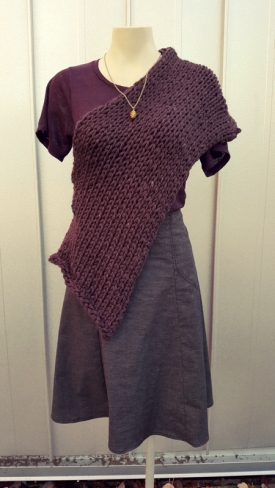 Wrap worn as a poncho over Lumiere top tucked in.