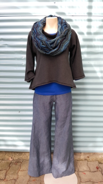 Hand Knit Long Circle Scarf, Fable Raglan Long Sleeve Top, Wide Leg Linen Trousers, Western Sweater